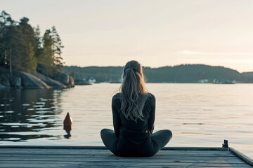 Fototapeta premium A woman sits on a dock by a lake, looking out at the water. The scene is peaceful and serene