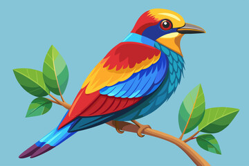 Obraz premium Vector illustration of a colorful bird sitting on a branch with green leaves.
