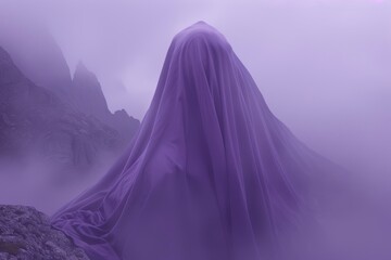 Surreal landscape with a mountain covered in purple mist capturing mystery texture and modern artistic expression