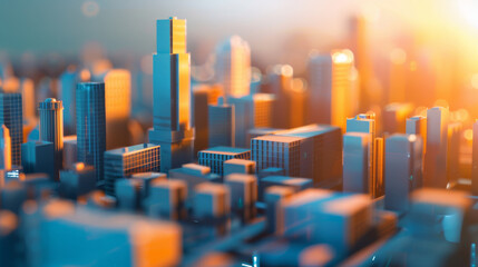 Obraz premium A stunning aerial view of a densely-packed cityscape bathed in the warm, golden glow of sunset, highlighting the intricate urban architecture.