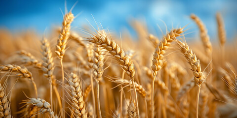 Fototapeta premium field of yellow wheat, blue sky, flag of Ukraine, banner copy space. Day of the National Flag, Day of Unity, Constitution, Ukrainian Statehood, Independence, Defenders Defendresses, Armed Forces