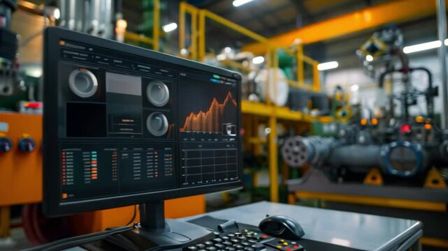 Close-up of a computer monitor in a factory displaying industrial machine monitoring data - graphs and charts related to performance and efficiency.