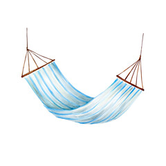 Striped hanging hammock. Watercolor lazy summer hand drawn blue illustration isolated on background. For designers, postcards, greetings, birthday, calendar, wallpapers, wrapping paper, scrapbooking