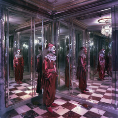 Naklejka premium a mirror maze inside a Georgian house, sections of the mirror maze to be transparent and can see clowns thorugh. Atmosphere of the space is lavish . Style of the image is to reflect the halloween seas