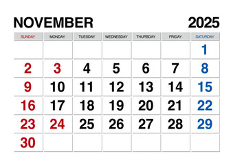 2025年11月のカレンダー日曜始まり日本の祝日表記有り
