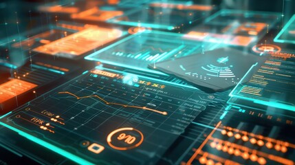 high-tech image of a financial audit in progress, with digital documents and glowing highlights indicating key findings