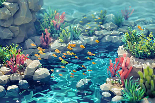 Seascape rocks and plants. Underwater view with sand and seaweed, fish floating near the bottom of the ocean. 