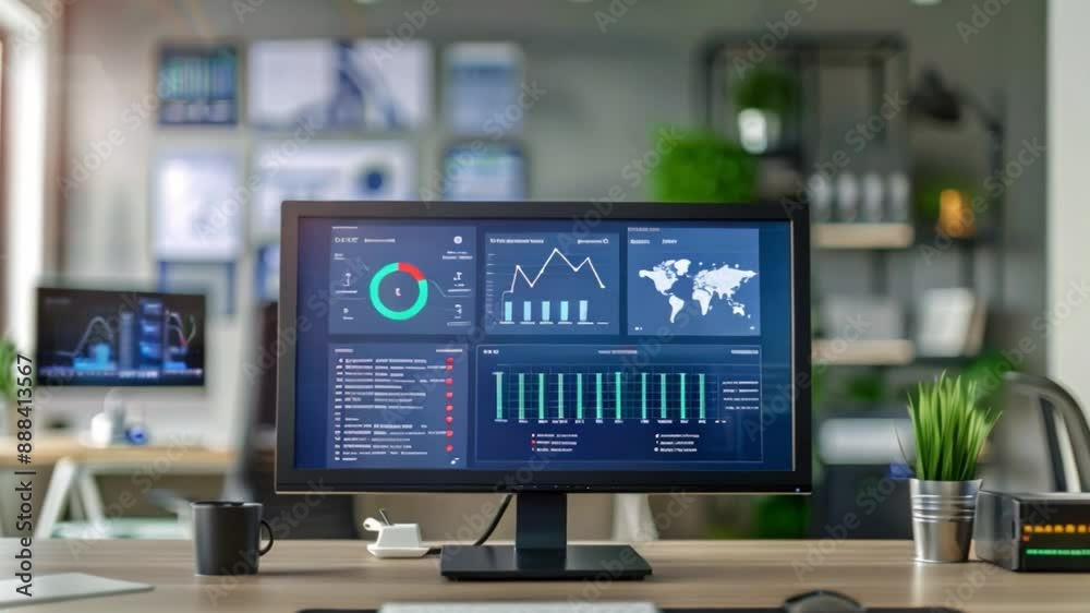 Poster a close-up shot of a modern office desk with a computer displaying data analytics charts and graphs.