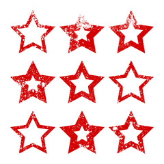 Red vintage stars with cracks and stains. Old hand-drawn sign, black simple shape. Retro design element with distressed effect, grunge texture. Vector illustration