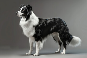 Fototapeta premium A black and white dog standing proudly, exuding confidence against a neutral grey backdrop, capturing its elegance and strong presence.