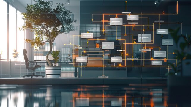 Conceptual visualization of a financial decision tree in a corporate setting, with branches leading to different outcomes