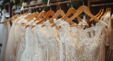 Row of White Lace Wedding Dresses Hanging on Wooden Hangers in a Bridal Boutique