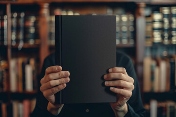 An individual holding a blank book in front of their face, set against a backdrop of bookshelves, embodying mystery and potential stories untold.