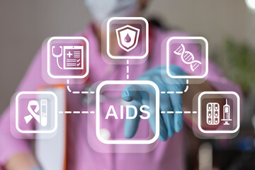 Doctor using virtual touch screen presses abbreviation: AIDS. AIDS HIV Testing Medicine Innovation Concept.