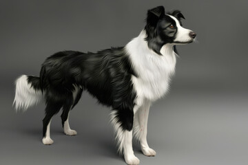Fototapeta premium A majestic black and white dog stands gracefully against a grey background, its fur flowing smoothly and its gaze keenly focused.