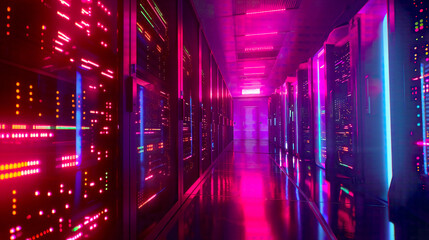Fototapeta premium A detailed and vibrant shot of a state-of-the-art data center showcasing multiple rows of operational server racks.