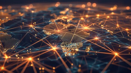 intricate network of global financial connections represented by glowing lines and nodes on a dark background