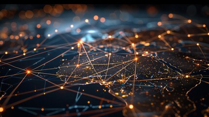 intricate network of global financial connections represented by glowing lines and nodes on a dark background