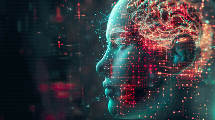 A image depicting a human head with a detailed brain symbolizing deep learning machine learning and AI technology.