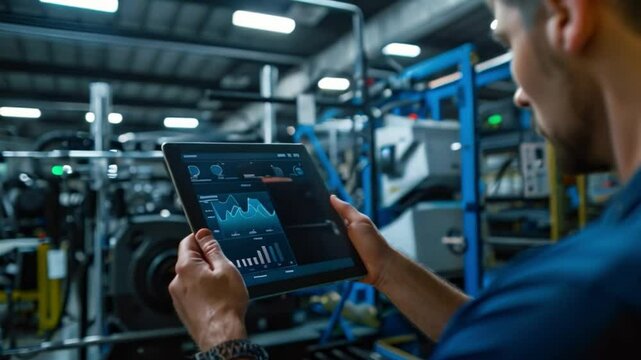 A worker in a manufacturing facility analyzes data on a tablet. The screen shows charts and graphs, potentially related to production or process performance.