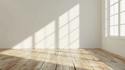 Modern empty room with wooden floor, windows and white plain wall. Contemporary interior background