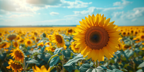 Fototapeta premium field of yellow sunflowers, blue sky, flag of Ukraine, banner copy space. National Flag, Day of Unity, Constitution, Ukrainian Statehood, Independence, Defenders and Defendresses, Armed Forces