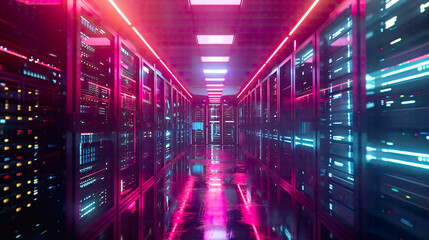 Fototapeta premium A shot of a state-of-the-art data center filled with operational server racks.