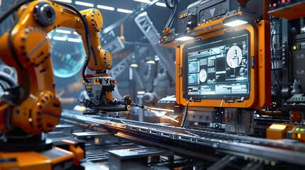 A depiction of a heavy automation robot arm machine in a smart factory illustrating the seamless integration of advanced technologies in Industry 4.0