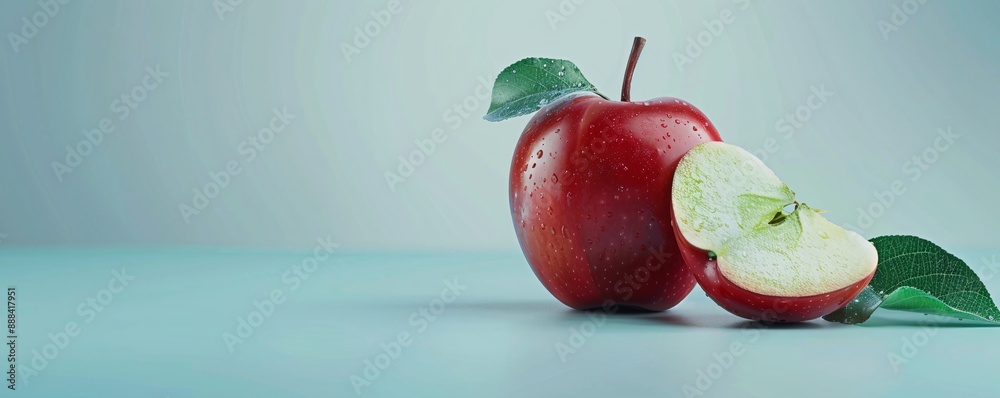 Wall mural juicy red apple with a leaf and a single slice