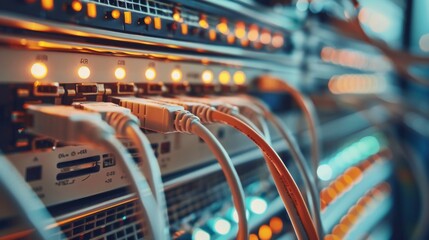 Naklejka premium Network hardware. Telecommunication technologies. Server room. Modem with fiber optic cables. Router in server room. Hosting equipment. Internet communications. Server technologies