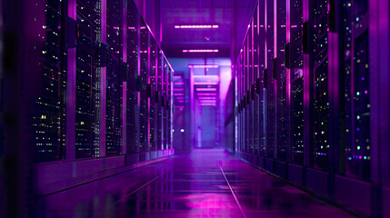 A sharp image of a cutting-edge data center with multiple rows of operational server racks.