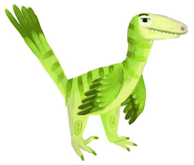 cartoon happy and funny colorful prehistoric dinosaur dino deinonychus isolated illustration with child pointing on animal and reading learing school book of natural history