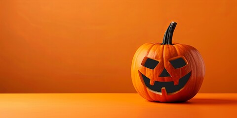 A genuine Halloween Jack O' Lantern against an orange backdrop