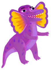 cartoon happy and funny colorful prehistoric dinosaur dino dilophosaurus isolated illustration with child pointing on animal and reading learing school book of natural history