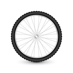 Fototapeta premium Realistic 3d bicycle wheel. Bike rubber tire, shiny metal spokes and rim. Fitness cycle, touring, sport, road and mountain bike. Vector illustration