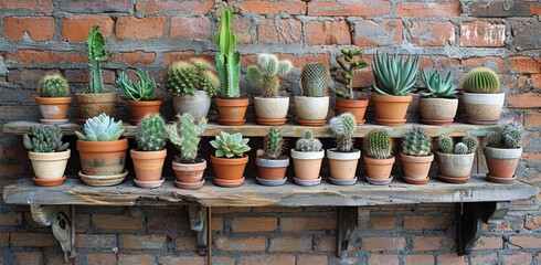 Fototapeta premium A Collection of Succulents and Cacti in Terracotta Pots on a Rustic Wooden Shelf