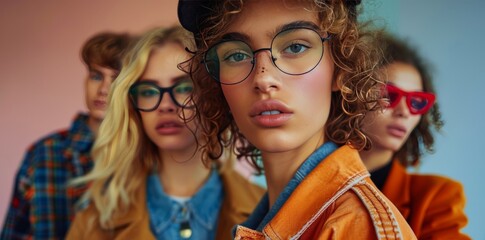 Obraz premium Young Women Wearing Sunglasses and Glasses in a Group Photo on a Sunny Day