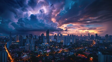 thunderstorm with lightning over big city with skyline cityscape.