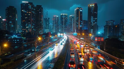 Obraz premium thunderstorm with lightning over big city with skyline cityscape.