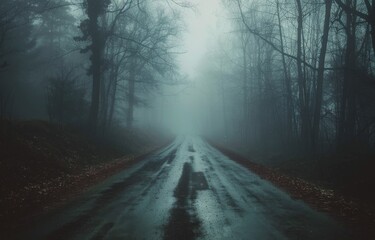 Obraz premium Foggy Road Through a Dense Forest on a Cloudy Day