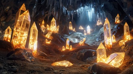 Obraz premium image of a financial crystal cavern, where each crystal represents a different aspect of wealth management, glowing in a subterranean setting