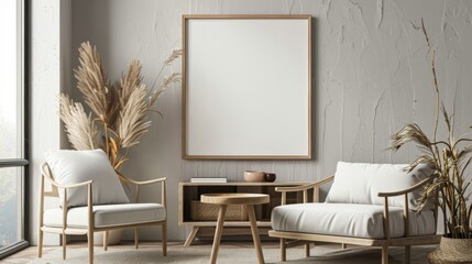 Modern living room with blank framed poster on wall, Mock up poster frame. Concept interior design