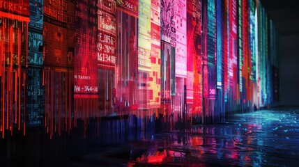 Naklejka premium image of a digital financial tapestry woven with threads of various currencies and stock trends, hanging in a virtual gallery