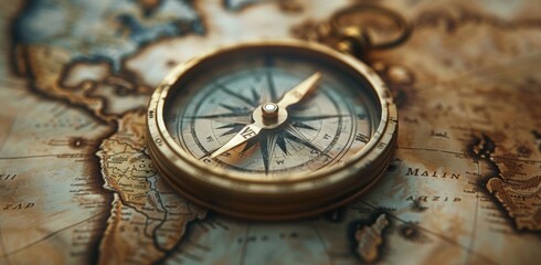 An Antique Compass Resting on a Detailed 3D Map