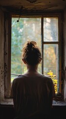Woman by a window with light, illustrating contemplation, solitude, and tranquility