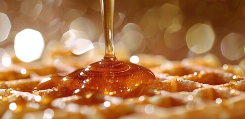 Golden Syrup Drizzling Over a Crispy Waffle