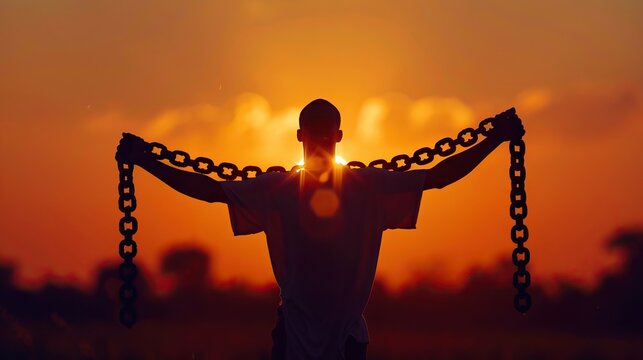 Man breaks chains in prayer for freedom and forgiveness.