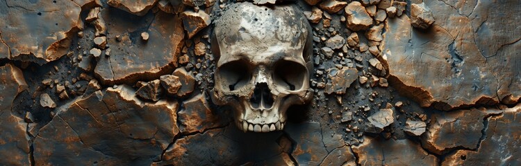 Cracked Stone Surface With A Human Skull Embedded
