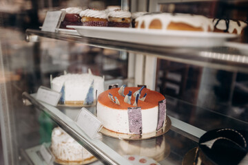 Assorted pastries and cakes are beautifully presented in the showcase of a bakery shop