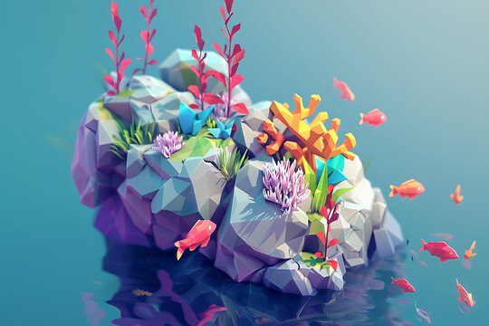 Seascape rocks and plants. Underwater view with sand and seaweed, fish floating near the bottom of the ocean. 
